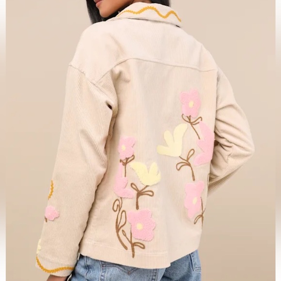 Kerry beige multi corduroy embroidered collared jacket - Picture 3 of 6